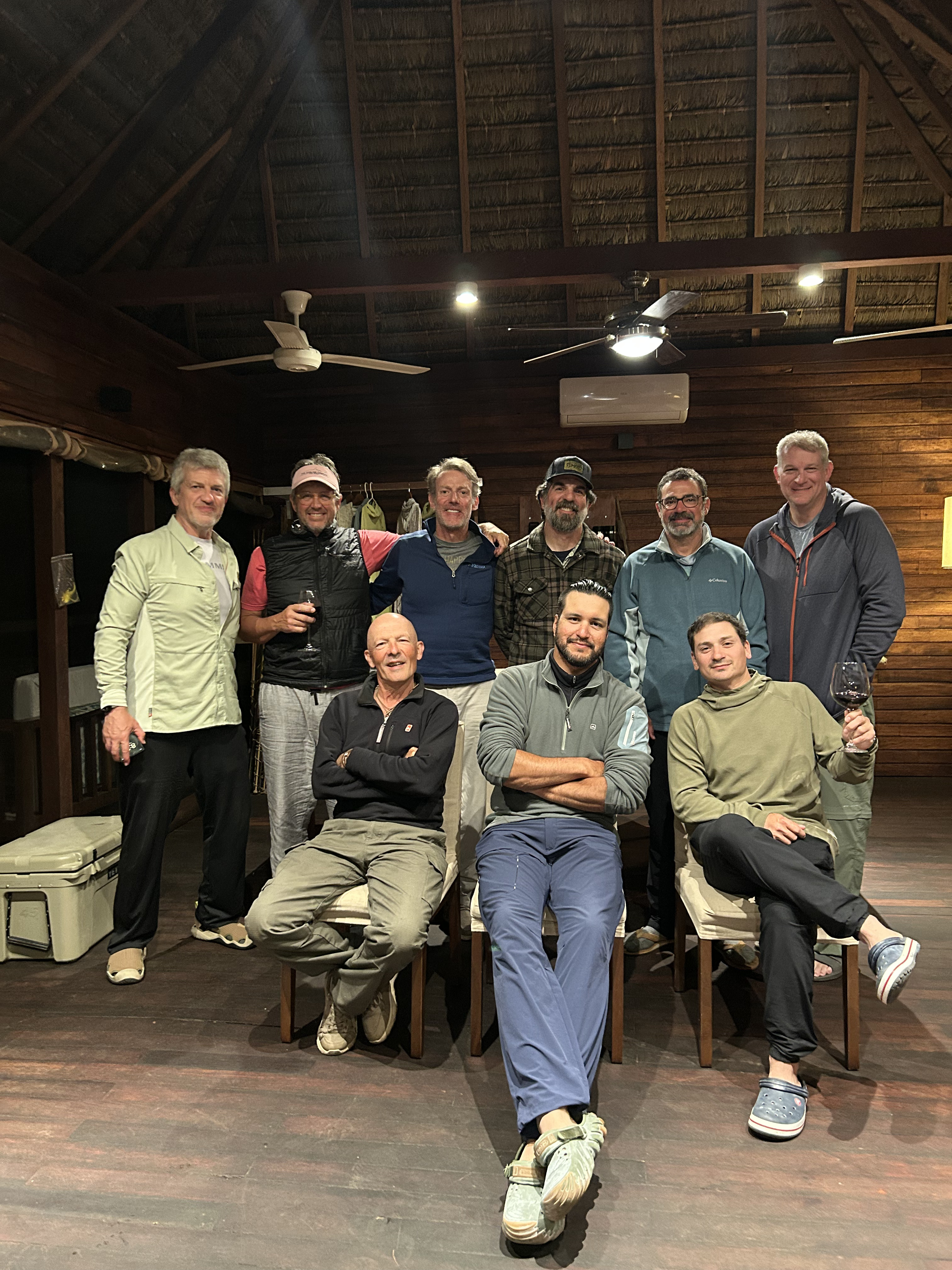 The whole group together at the lodge after dark