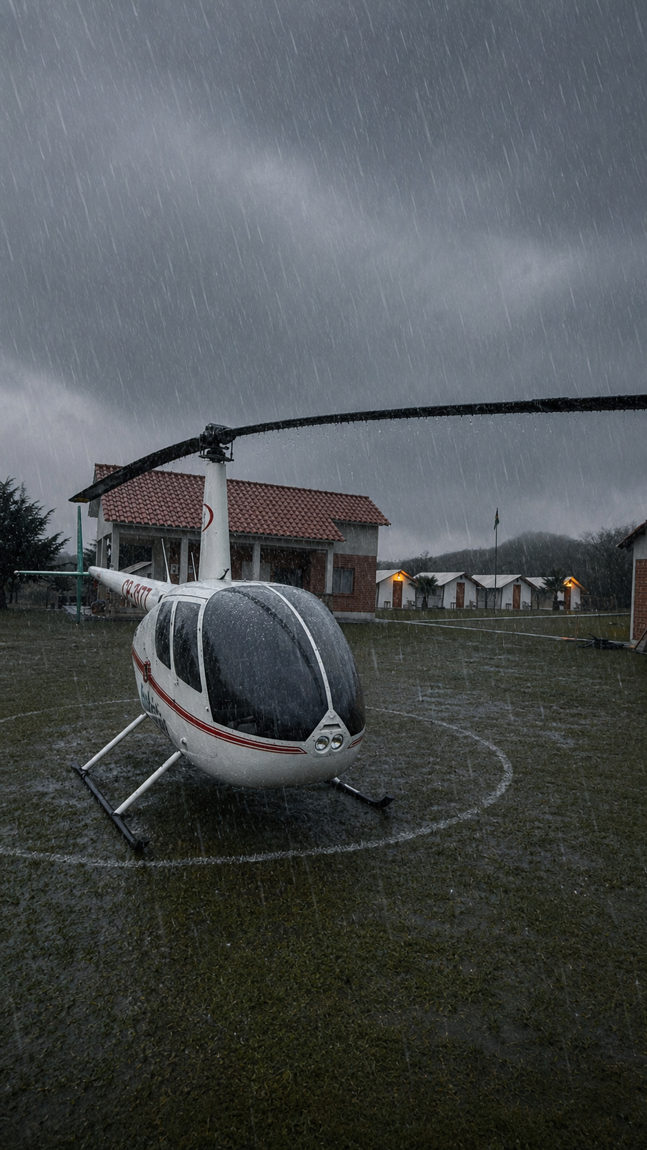 The helicopter grounded at the lodge under low cloud and rain