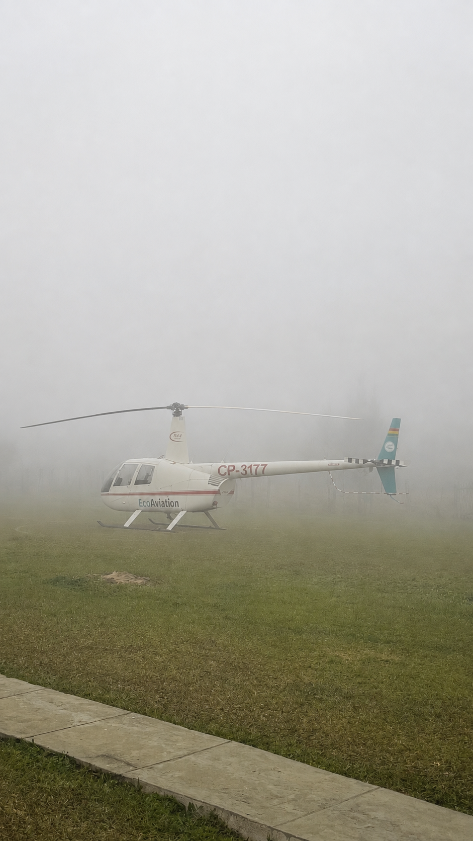 Fog sitting over the helicopter on the first morning