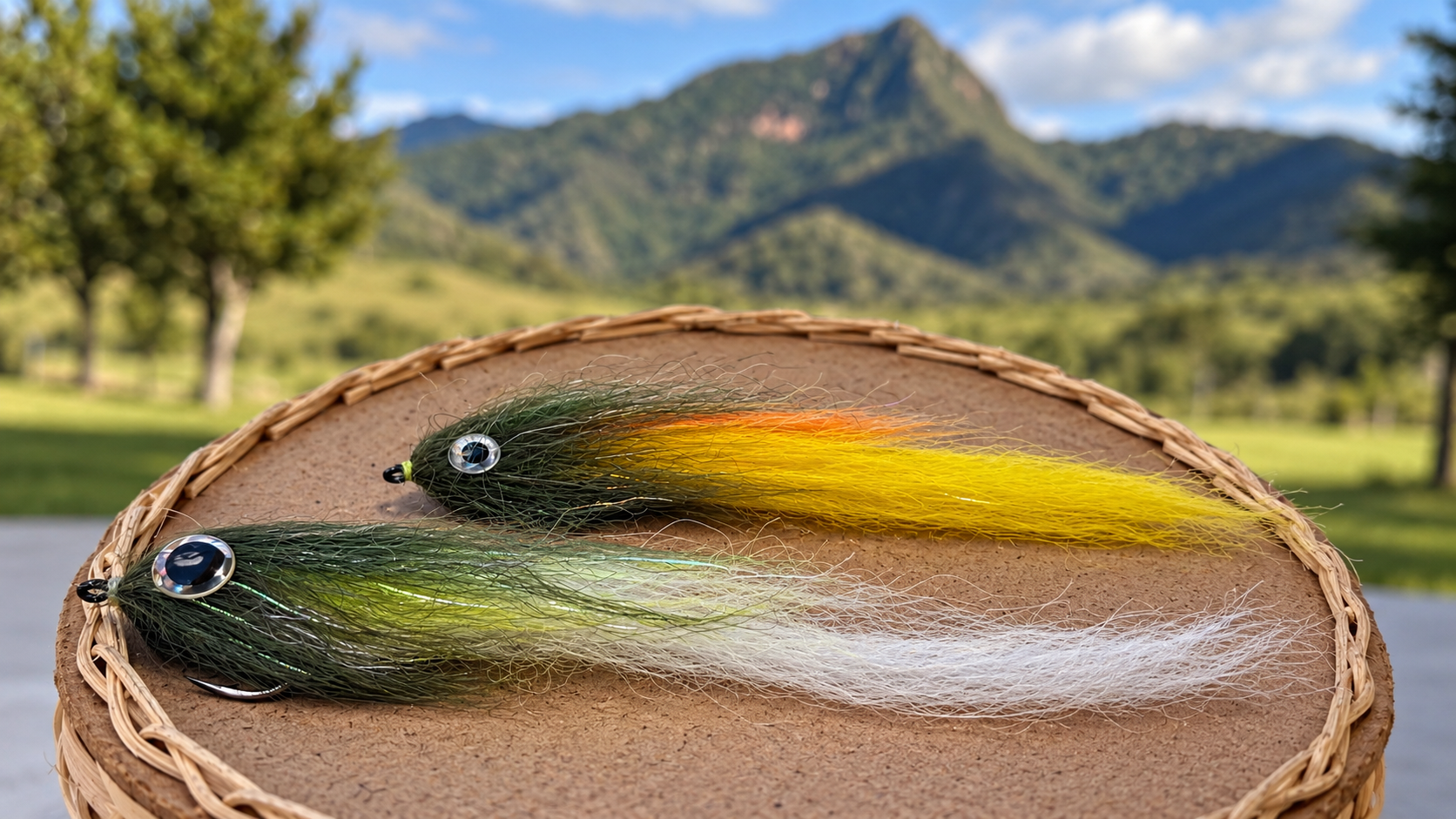 Two streamers, olive over yellow and olive over white, with the mountains behind