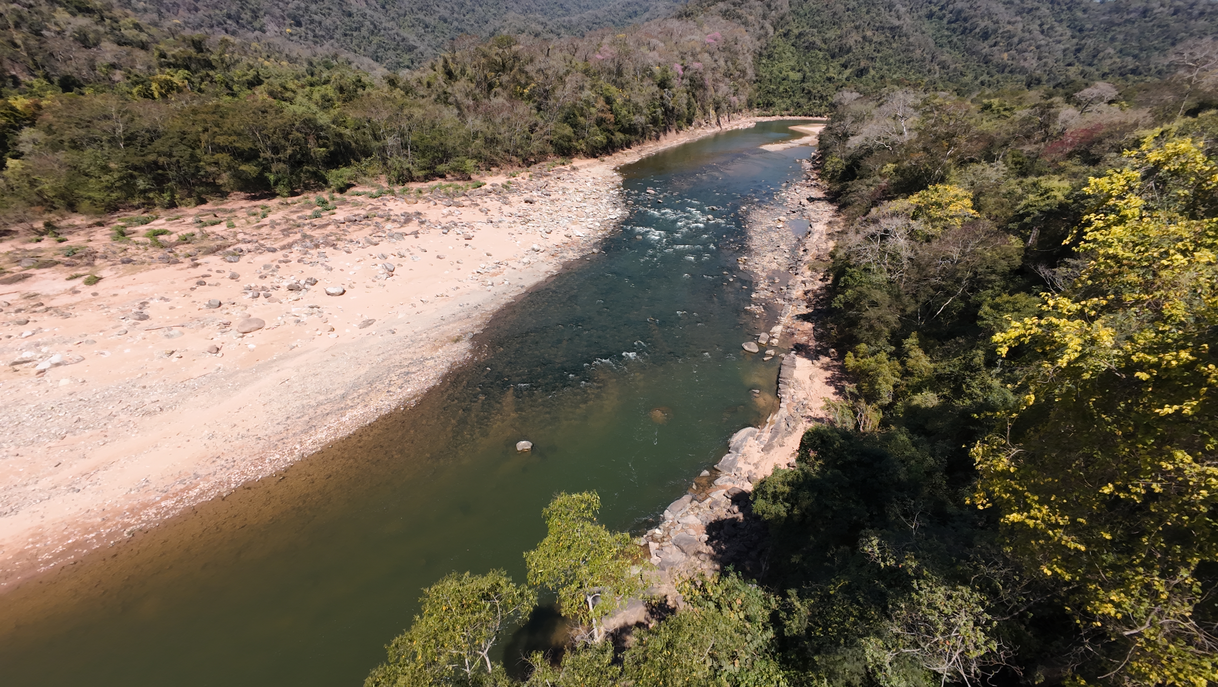 Aerial view of the river winding through the forests of the Yungas